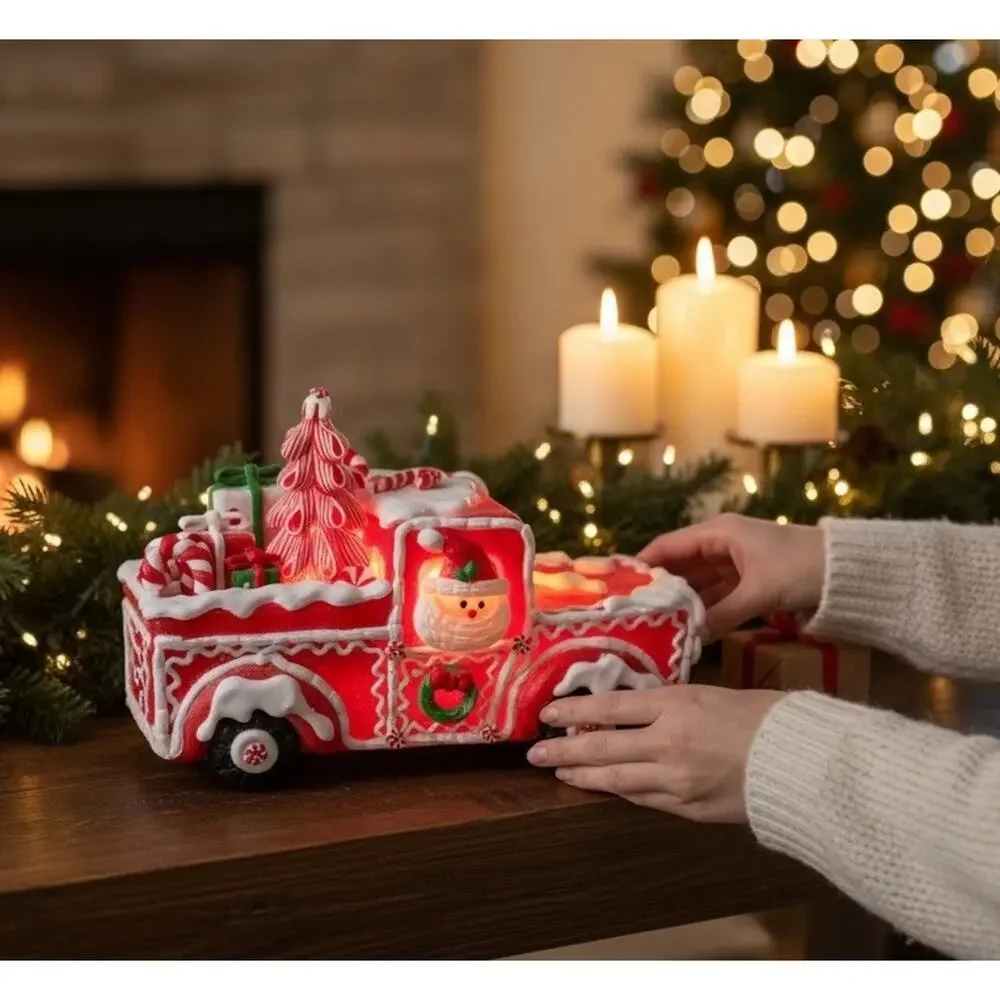 Kurt S. Adler Light Up Gingerbread Truck Santa Candy Canes Red Christmas Decor